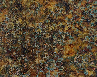 Brown and turquoise dahlia cotton fabric by the yard, #25084