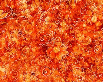 Orange floral cotton fabric by the yard Queens Garden fabric line, #24304