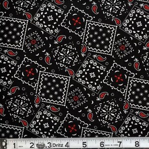 Black bandana look fabric by the yard, black bandana print fabric, black fabric, black cotton, black and red bandana, #24046
