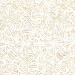 May include: A fabric with a repeating pattern of beige leaf shapes on a white background. The leaves vary in size and style, creating a natural, organic design. The fabric appears to be cotton or a similar material, suitable for quilting or apparel.