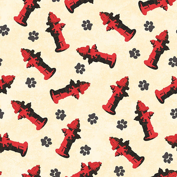 Puppy fabric by the yard, puppy paws fabric, dog fabric, fire hydrant fabric, #18110