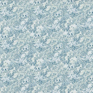 May include: A repeating pattern of delicate blue floral sprigs and white flower clusters on a light gray background. The design features thin, winding stems and small, detailed blossoms, creating a natural, botanical theme.