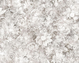 May include: A seamless pattern featuring white floral designs on a gray background. The pattern is reminiscent of vintage wallpaper or fabric.
