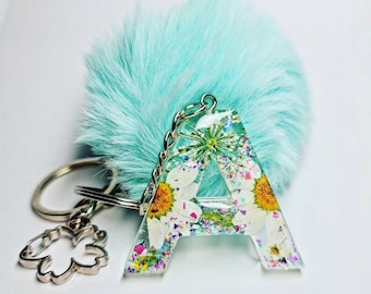 Personalised letter keychain A-Z with pompom, handmade resin art, bespoke custom gift, pom pom, faux fur, floral keyring, bag charm initial