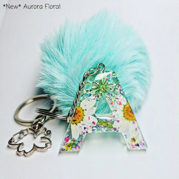 Personalised letter keychain A-Z with pompom, handmade resin art, bespoke custom gift, pom pom, faux fur, floral keyring, bag charm initial