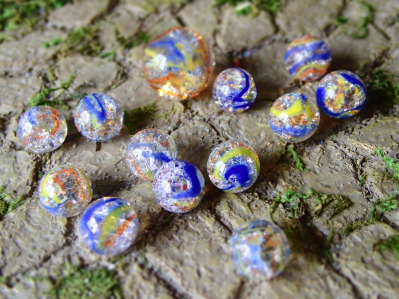 Clear Cracked Glass Marbles with Yellow Blue & Orange Swirls Etsy