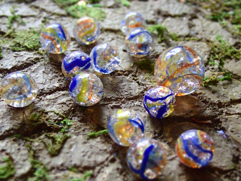 Clear Cracked Glass Marbles with Yellow Blue & Orange Swirls Etsy