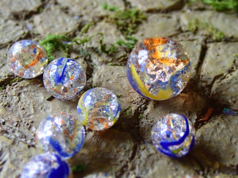Clear Cracked Glass Marbles with Yellow Blue & Orange Swirls Etsy