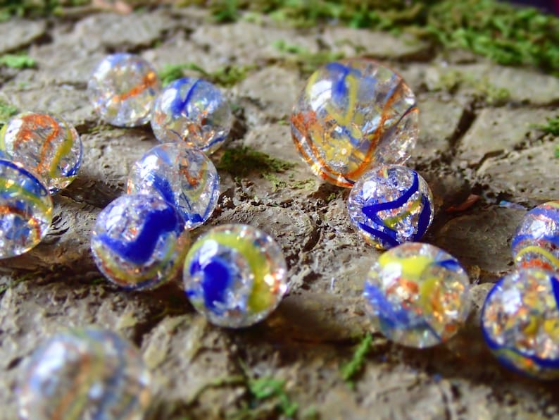 Clear Cracked Glass Marbles with Yellow Blue & Orange Swirls Etsy