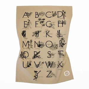 ABC HERBS & SPICES - hand printed tea towel / Handmade gift / Art tapestry / Zero Waste Gifts / Housewarming Gift / Botanical Art