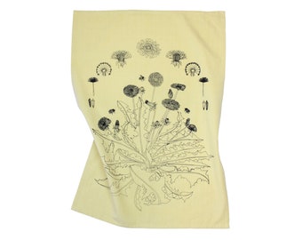 Dandelions And Honey Bees-Hand Printed Kitchen Towel, Original Screen Printed Botanical Artwork, Floral Art, 100% Cotton