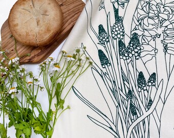 Spring Garden-Hand Printed Kitchen Towel, Botanical Art, Housewarming, New Home Gift, Screen Printed Original Artwork, 100% Cotton