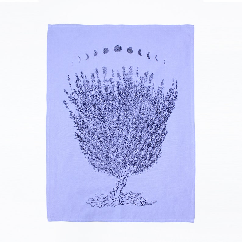 LAVENDER MOON hand printed tea towel /Handmade gift / Hand Printed Kitchen / Zero Waste Gifts / Housewarming Gift / Dishtowel art image 1
