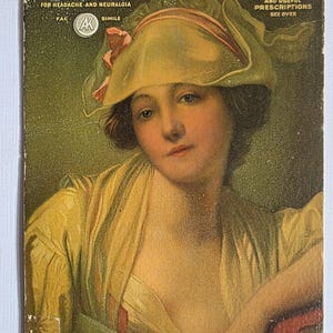 May include: Vintage advertisement for 'Antikamnia Tablets' for headache and neuralgia. The image features a woman in a yellow hat and dress, with the text '1911 Calendar and Useful Prescriptions' and the name 'Alice'.