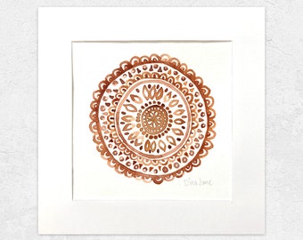 ORIGINAL ARTWORK - Mandala in Terracotta Rust Brown - Watercolor Artwork Boho Wall Decor Bohemian Art by Dina June, Mini 6 x 6 inches