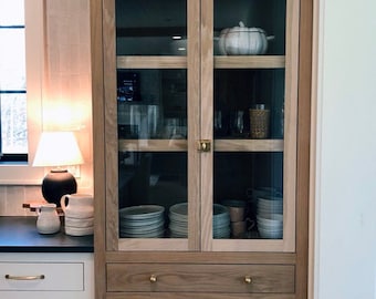 White Oak kitchen storage hutch glass doors