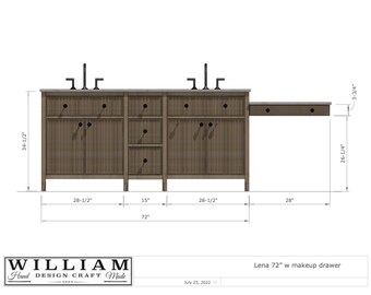 72" custom white oak reeded bathroom vanity with makeup drawer for Lena