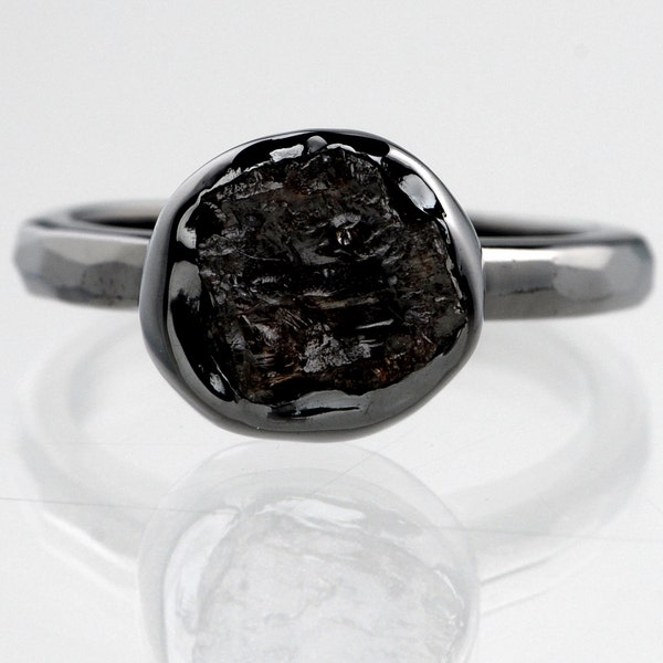 3.63 carat Cool Dark Slice Raw Rough Diamond Solitaire Black Silver Ring