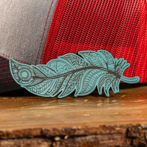 Turquoise Boho Feather Leather Hat Patch - Real Cowhide
