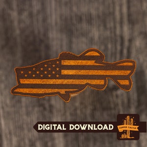 May include: A brown leather bass fish silhouette with an American flag design. The fish has horizontal stripes and stars. The words "DIGITAL DOWNLOAD" are at the bottom of the image.