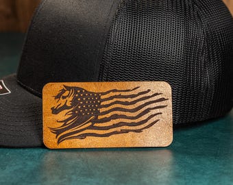 Horse USA Flag Leather Patch: Iron-On Adhesive for Hats