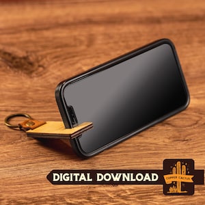 Llavero con soporte para teléfono SVG cortado con láser - Llavero de cuero y madera - Descarga digital
