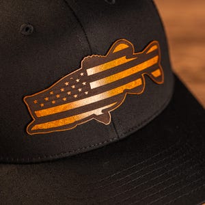 Large Mouth Bass Fish USA Flag Leather Patch - NO HAT, Patch Only - Veg Tan Leather - Real Genuine Leather