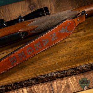 Custom Laser Engraved Leather Hunting Sling - Triple Layer Veg Tan - Personalized Wildlife Design - Deer Elk Moose - Groomsman&#39;s Gift