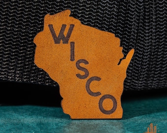 WISCO-patch (Wisconsin, VS) - opstrijkbaar - zelfklevende achterkant, hoedenpatch van echt leer