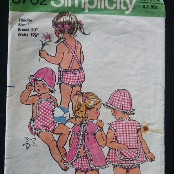 Baby toddler Playdate ready vintage Simplicity 5702 overalls sun suit romper or sunsuit think gingham lawn size 1, 12 months sewing pattern