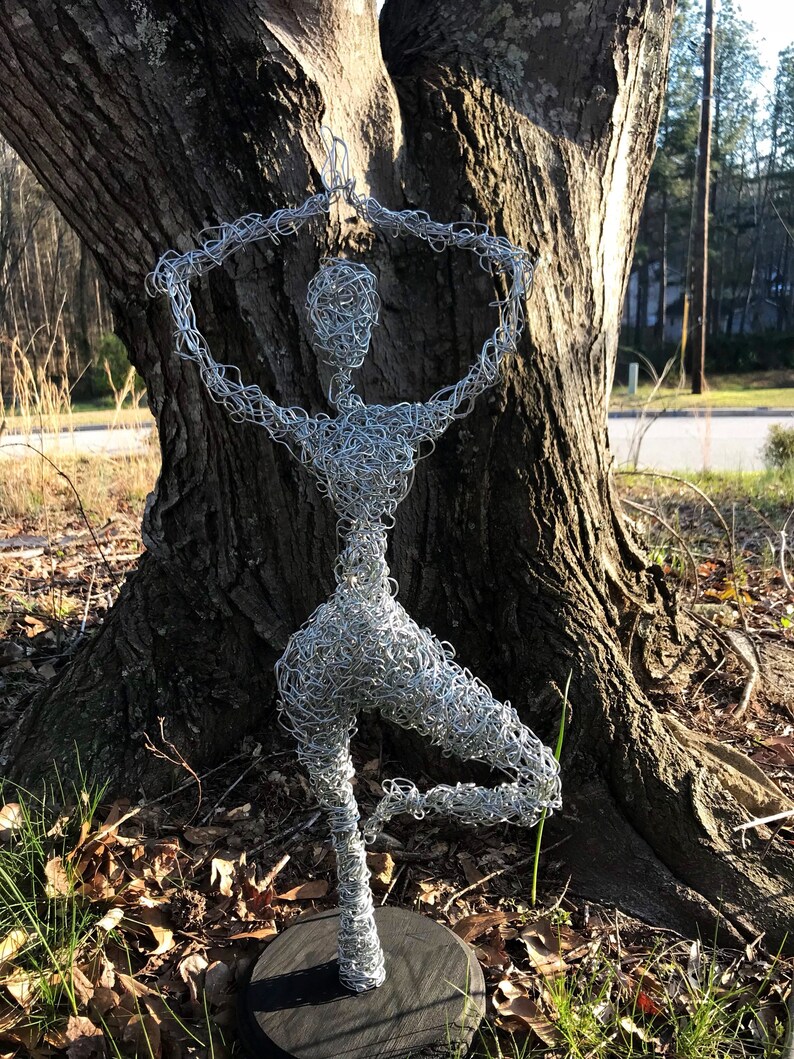 Vrksasana yoga pose wire art galvanized steel metal yogi namaste silver aluminum statue wire bending twisting
