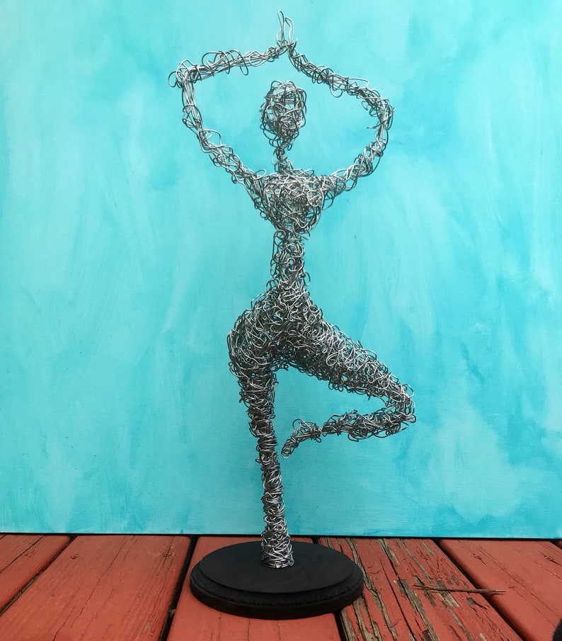 Vrksasana yoga pose wire art galvanized steel metal yogi namaste silver aluminum statue wire bending twisting