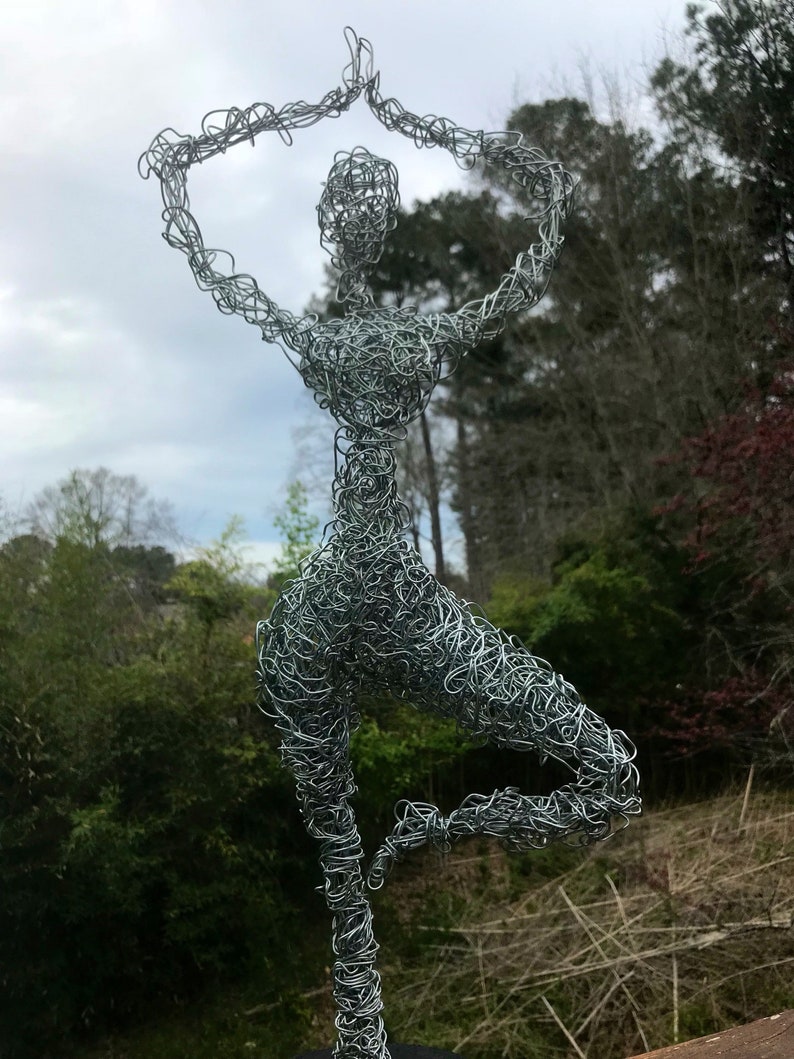 Vrksasana yoga pose wire art galvanized steel metal yogi namaste silver aluminum statue wire bending twisting