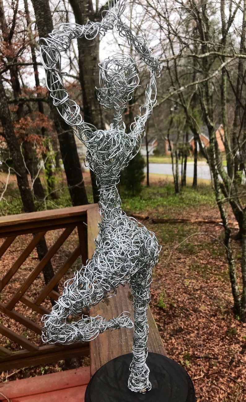 Vrksasana yoga pose wire art galvanized steel metal yogi namaste silver aluminum statue wire bending twisting