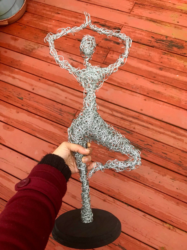 Vrksasana yoga pose wire art galvanized steel metal yogi namaste silver aluminum statue wire bending twisting