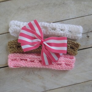 Set of 3 INFANT Crochet Addison Headbands with removable bow, Girl, Baby, Ready to Ship