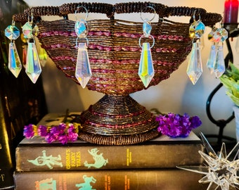 Purple Beaded Bowl with dangling iridescent crystals