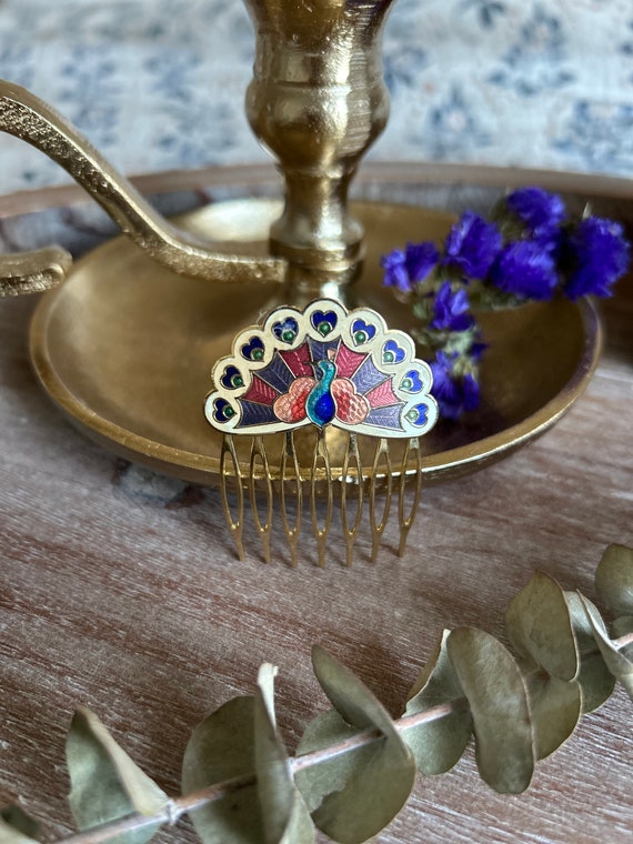 Cloisonné Peacock Hair Comb | Vintage Hair Acceso… - image 2