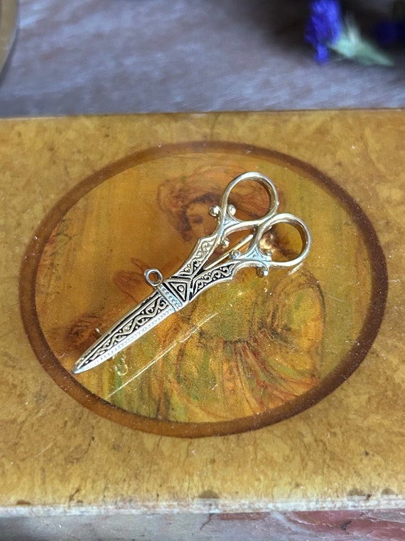 Vintage Spanish Damascene Scissor Pin Brooch - image 1