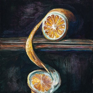 Peeled Lemon Acrylic Still Life Painting Print by Kimberly Carissa Art