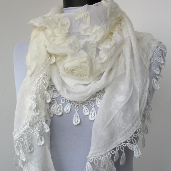 White Lace Scarf - Flower Rose Scarf - Cowl Scarf - Shawl Scarf- Wedding Bridal Scarf - 159