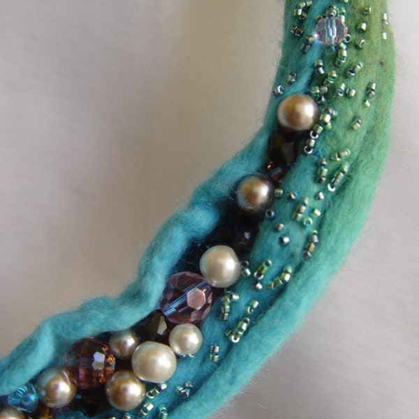 Turquoise Hand felted necklace embellished with glass bead pearl and swarovski