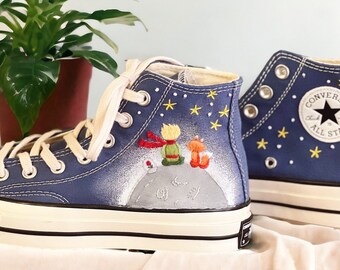 Custom Hand Little Prince Embroidery Converse Combined With Background Painting Converse High Top Gifts For Her Personalized Embroidered