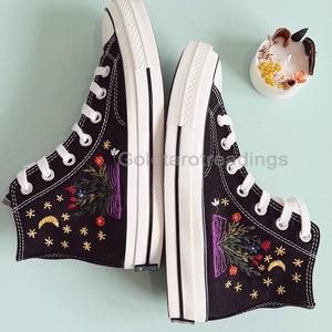 Book and Flower Embroidery Classic Converse Floral Bookish Inspired Converse High Top Custom Night Book Flower Embroidery Canvas Shoes