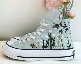 Embroidery White Flower Shoes Chuck Taylor Custom Hand Embroidered Sweet Garden Canvas Shoes Wedding Gifts For Her