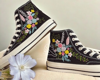Personalize Embroidery Colorful Flower Custom Embroidered Flower Chuck Taylor High Top Personalized Embroidered Sneakers For Her