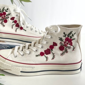 Embroidery Red Roses Flower Classic High Top Converse Canvas Shoes Custom Hand Embroidery Roses Converse High Top Personalized Gift For Her