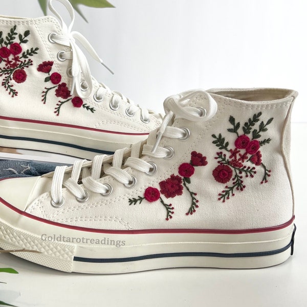 Embroidery Red Roses Flower Classic High Top Converse Canvas Shoes Custom Hand Embroidery Roses Converse High Top Personalized Gift For Her