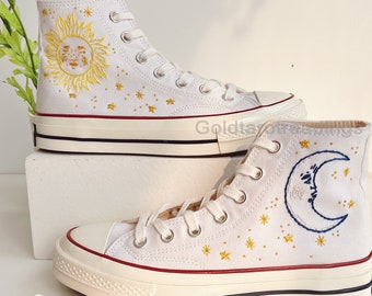 Embroidery Sun and Moon Converse Chuck Taylor Embroidery Planet Canvas Shoes Embroidery High Tops Shoes Personalized Wedding Gifts Shoes