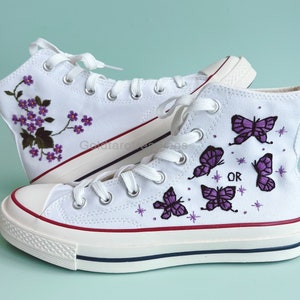 Embroidered Purple Flowers and Butterflies Converse All Star 1970s Custom Hand Butterfly Embroidered Canvas Shoes Personalized Gifts for Her